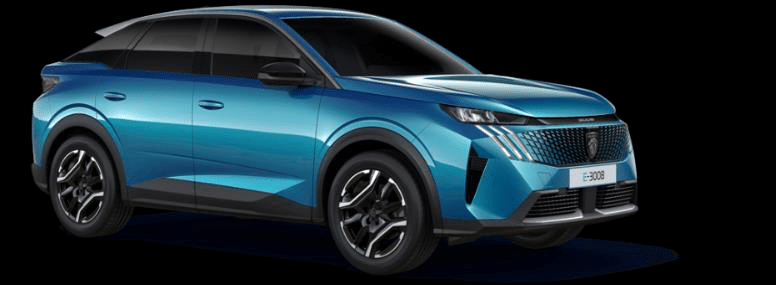 Auf diesem Bild ist ein blauer, elektrischer Peugeot E-3008 SUV in einer schrägen Vorderansicht vor einem schwarzen Hintergrund zu sehen.