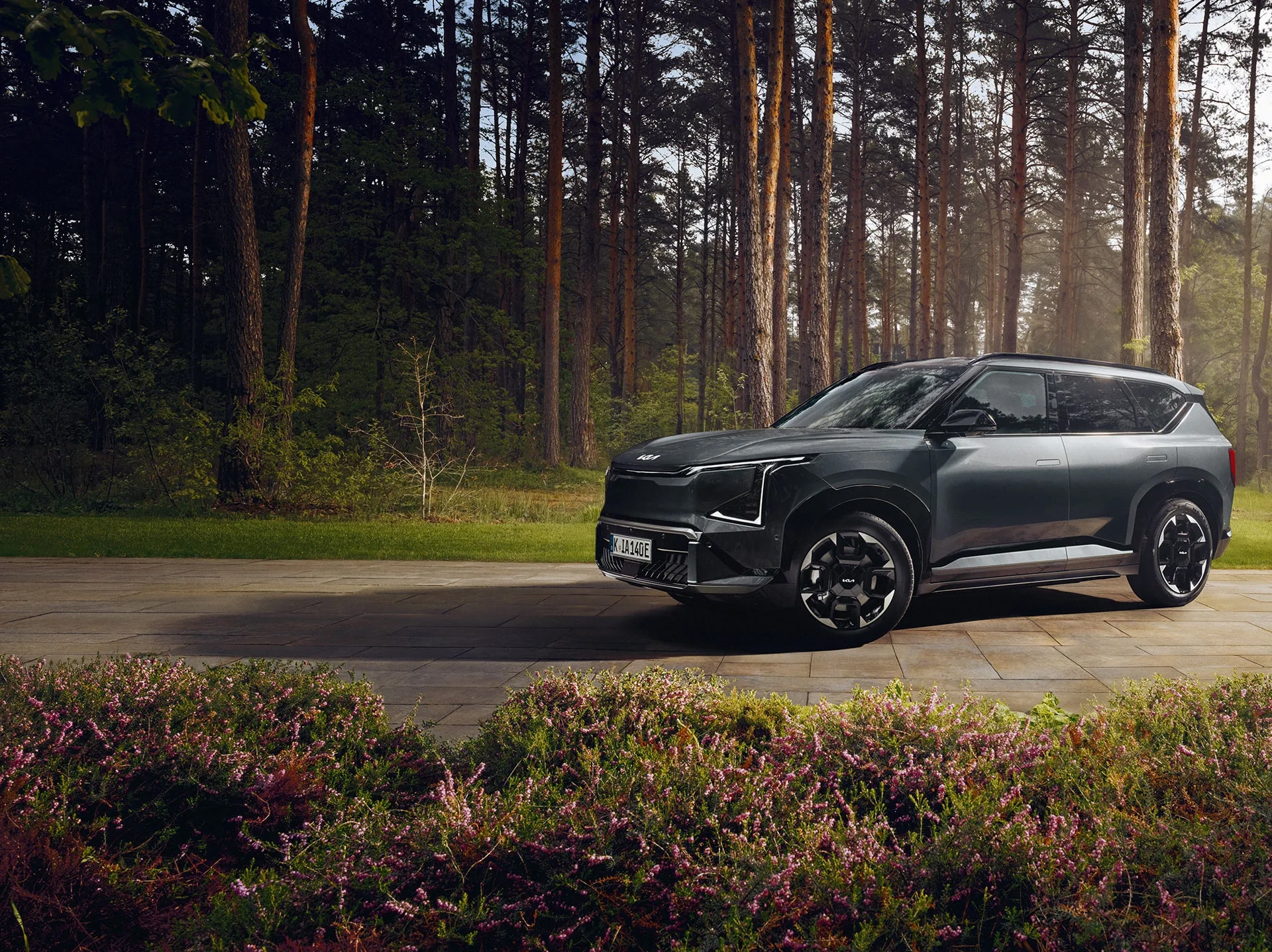 Seitliche Ansicht des Kia EV5 in einer Waldlichtung